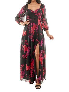 Premier Amour Maxi Dress Size 16 Floral 3/4 Sleeve Black Red Fuchsia Full length
